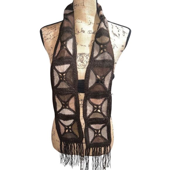 Vintage 1970s Sash Belt Leather Macrame Crochet Scarf - Picture 1 of 14